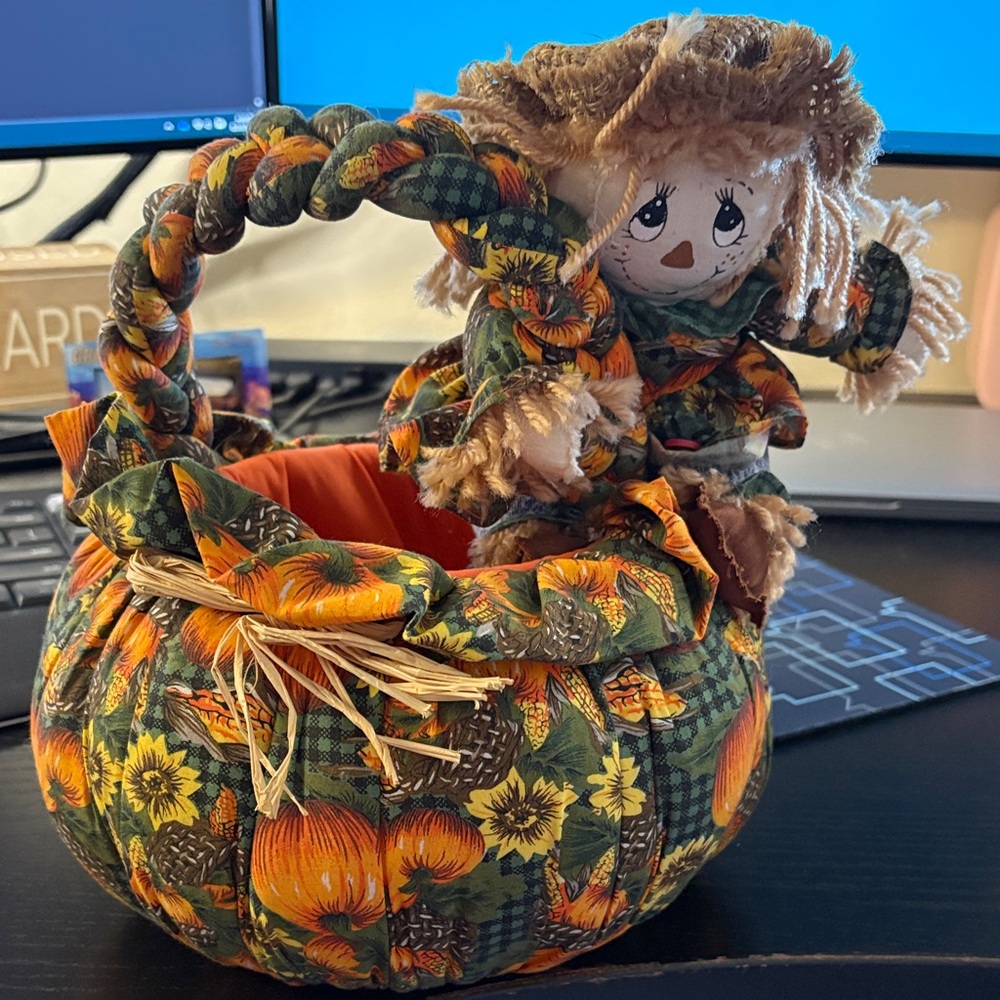 Floral Fabric Basket with Scarecrow